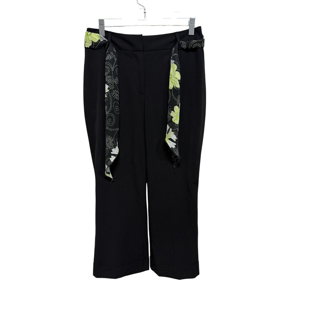 Briggs New York Size 10 Black Cropped Pants Floral Sash Belt Capri Dress Pants
